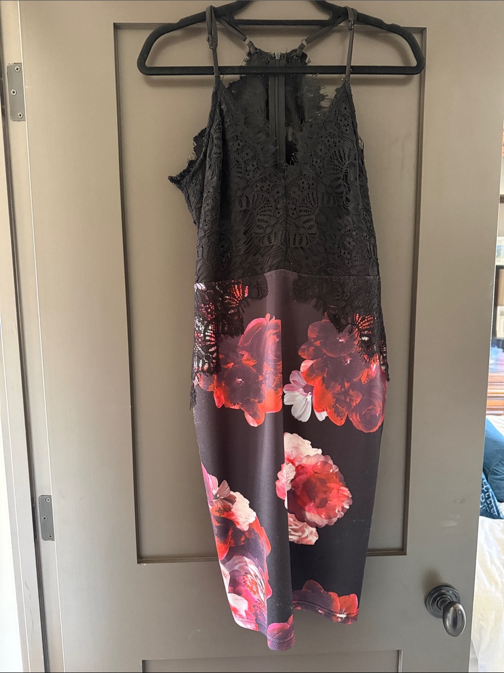 Black Lace & Red Floral Midi Dress